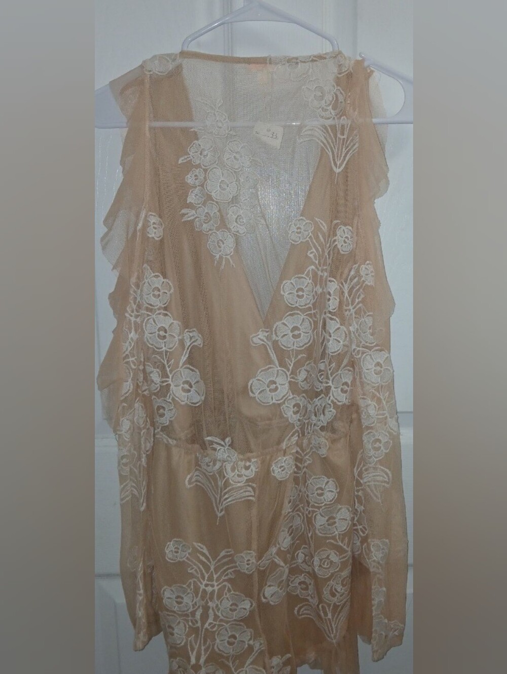 Sheer Floral Lace Cover-Up in Nude with White Embroidery